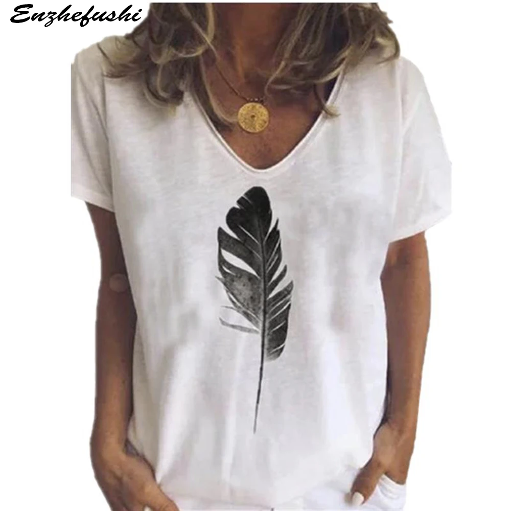 New Summer Tops Plus Size Women Feather Print Street Casual Loose Cotton T Shirts Women Short Sleeves Blouse Free Shipping