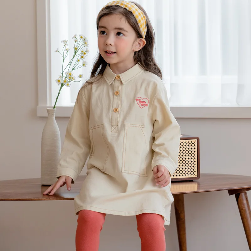 

BEBEZOO Autumn Girls Dress Cotton Denim Loose Cute Turn-down Collar Midi Dresses For 3-8 Years Kids Girl Clothes