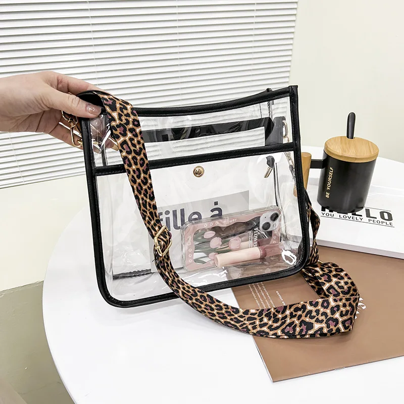

2023 Leopard Zipper Women's Bag Popular Women's Small Square Bag Transparent PVC Crossbody Bag Wholesale Storage Bag