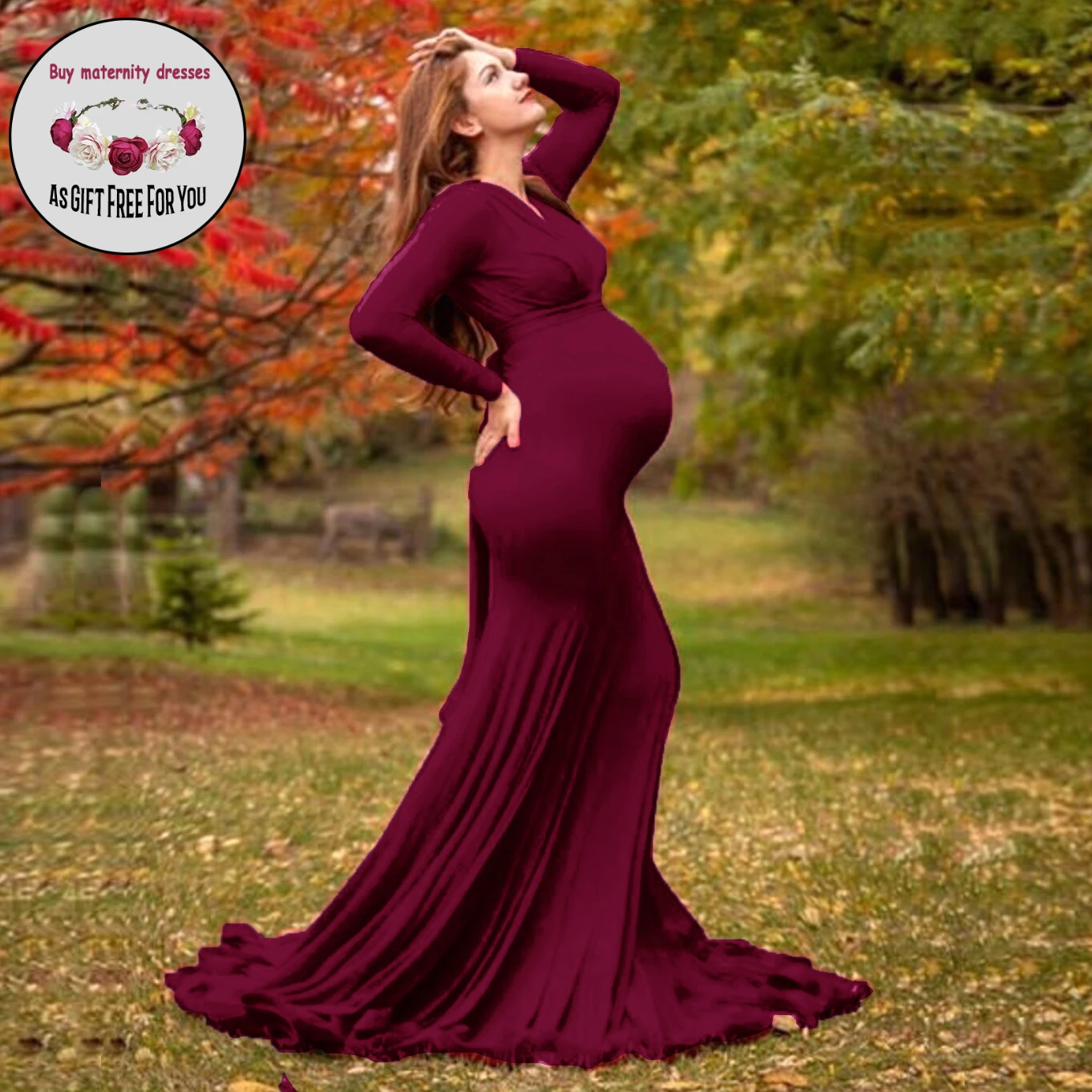 Hot Pregnant Womens Mercerized Cotton Deep V-neck Long Sleeve  Maternity Dress Maxi Gown Photography Photo Shoot Dress