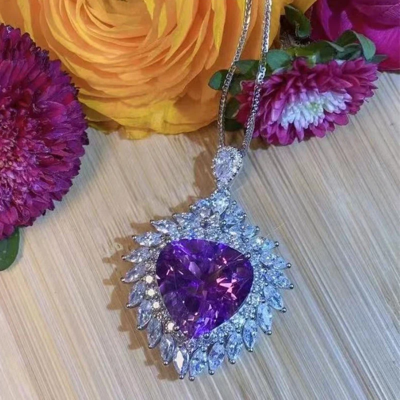 

New Personality Purple CZ Heart Pendant Necklace for Women Evening Party Temperament Elegant Gift Statement Jewelry