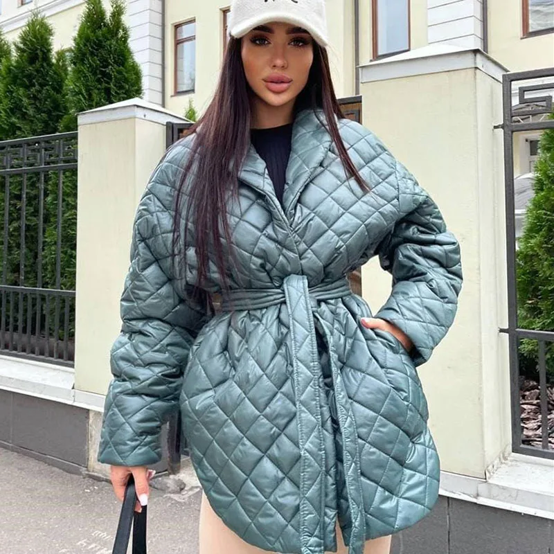 

Argyle Loose Long Coat Parkas Women Solid Vintage Casual Oversize Tie Belt Quilted Jackets 2022 Winter New Loose Overcoat Female