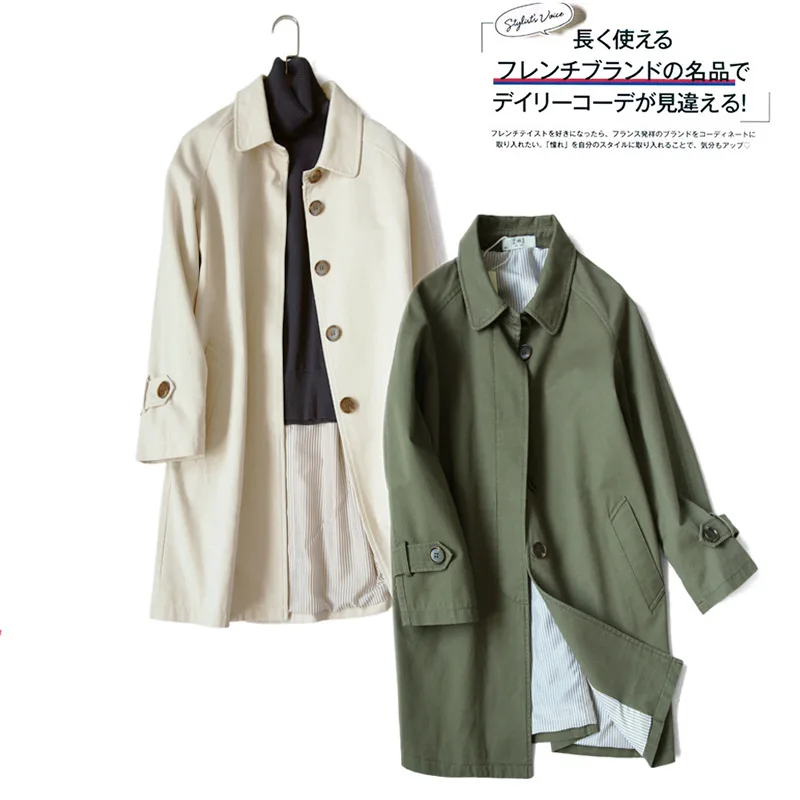 

Windbreaker Women Spring trench Coat Mid-length Coat Middle-aged Raglan Sleeves Hidden Buckle ArmyGreen Light Khaki Navy Blue