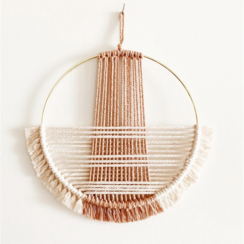 

Pink Black And Beige Hoop Macrame Wall Hanging Cotton Hand Weaving For Home Decor Living Room Bedroom Background Wall Decoration