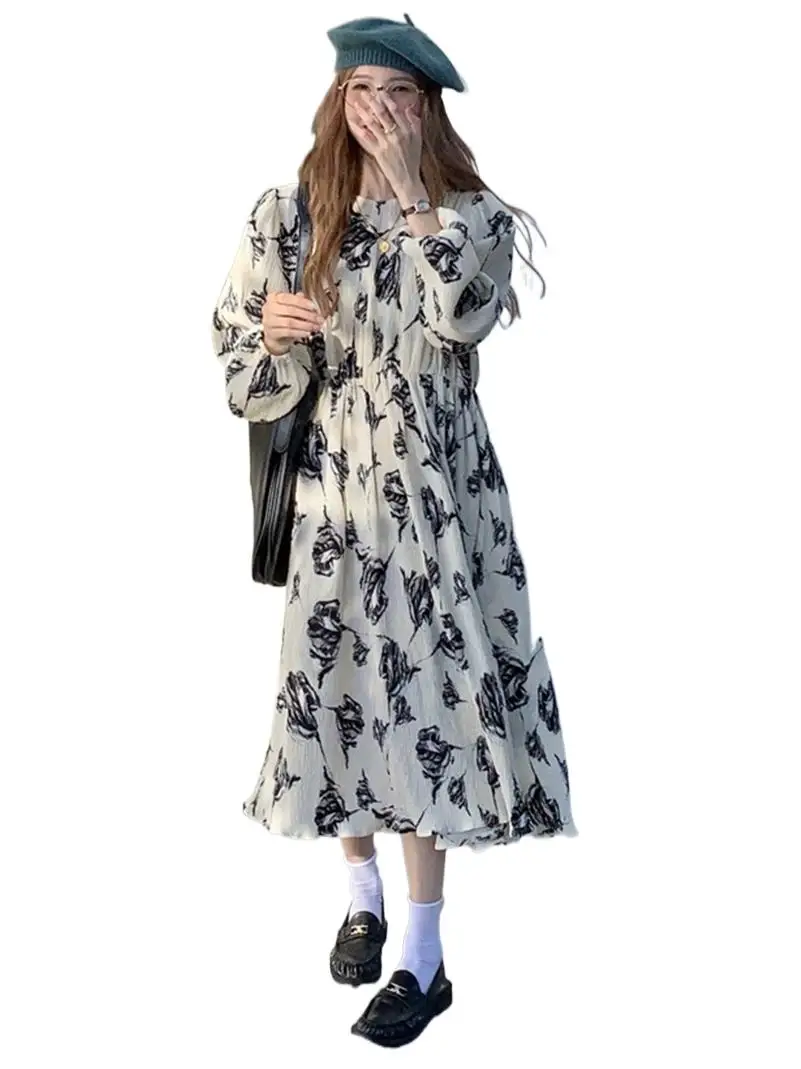 

Женское шифоновое платье с цветочным принтом, шикарное платье до середины икры с круглым вырезом и длинным рукавом, с поясом на резинке, в богемном стиле, новинка 2023