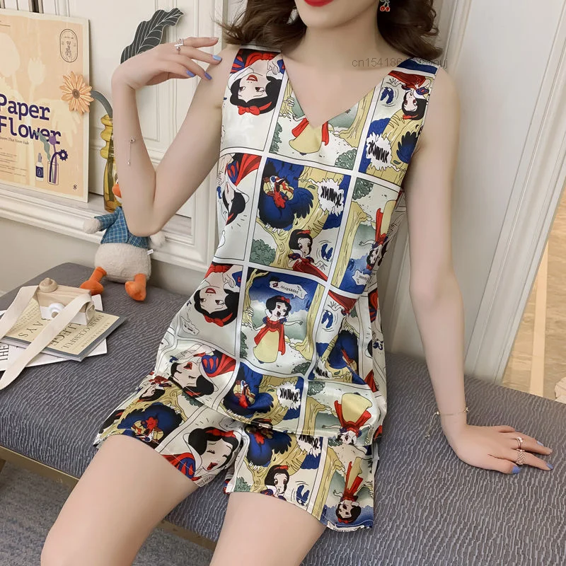 

Disney Snow White Pooh Bear Ice Silk Sleeveless Pajamas Women's Summer New Two-piece Suit Oversize Thin Style Vest Sleepwear Y2k