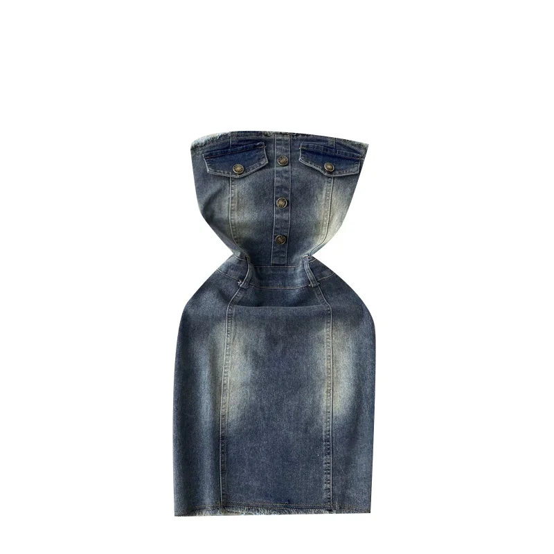 

Vintage Denim Bandeau Dress Summer Sexy Pure Lust Style Frayed Waist Slim Fit Hip Dress Woman