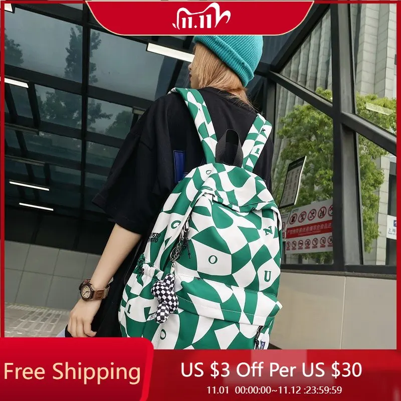 

Nylon Waterproof Women Backpack Geometric Print School Bag For Girls Leisure Travel Backpacks Student Large Capacity Bookbags