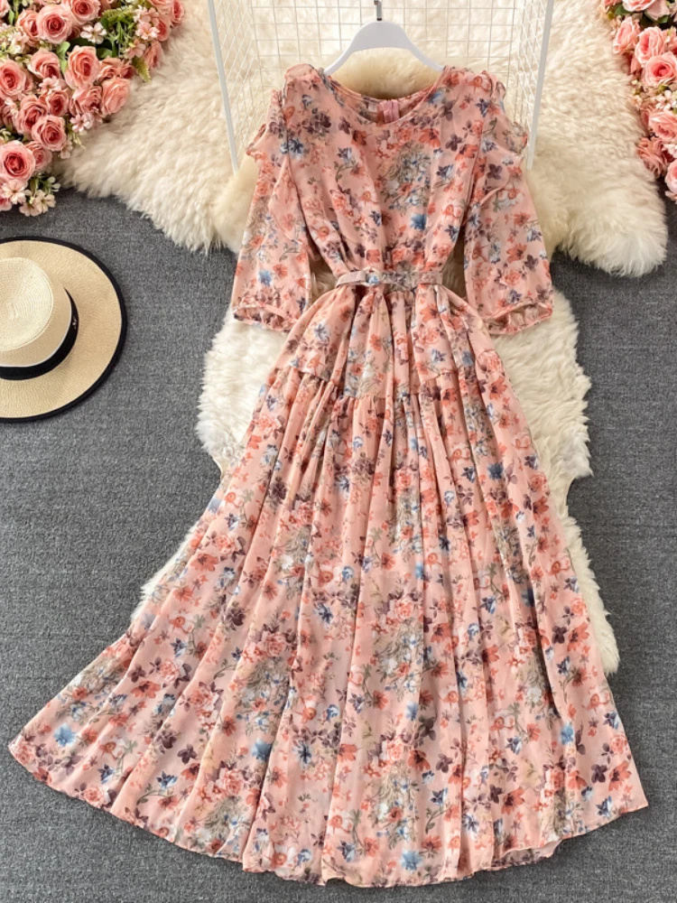 

Женское длинное платье с цветочным принтом LY VAREY LIN, милое шифоновое платье с круглым вырезом и коротким рукавом, женское повседневное ТРАПЕ...