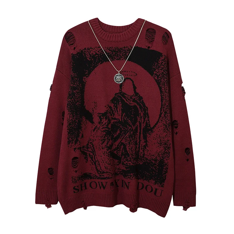 

Harajuku Priest Salvation Printed Knitwears Unisex Streetwear Hip Hop Destroyed Hole Ripped Pullovers Sweater Oversized Men
