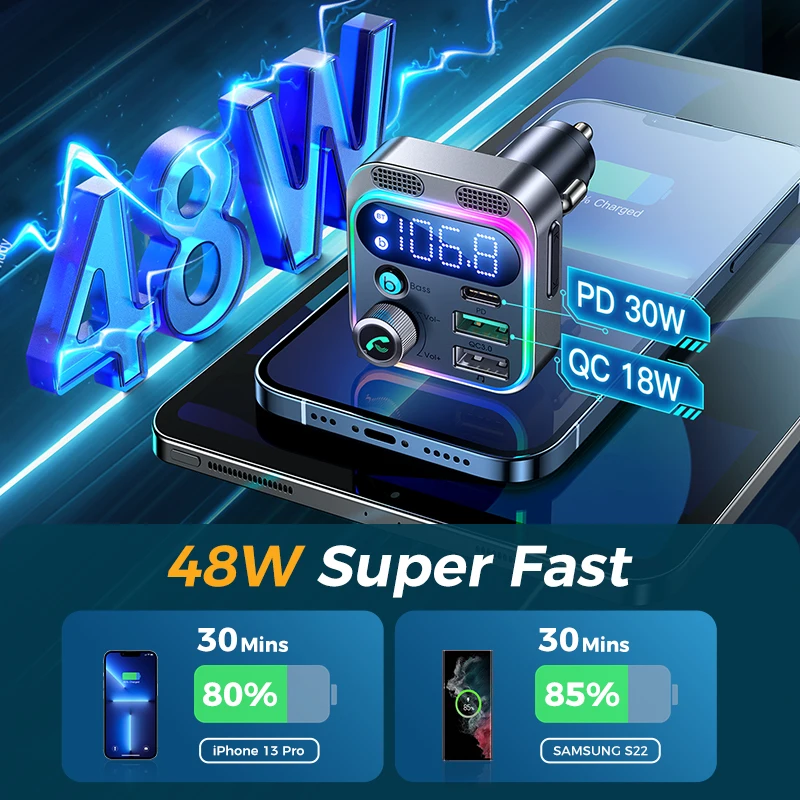 Автомобильный Bluetooth-адаптер Joyroom 48 Вт два микрофона Hi-Fi-звук Bluetooth 5 3 FM-передатчик