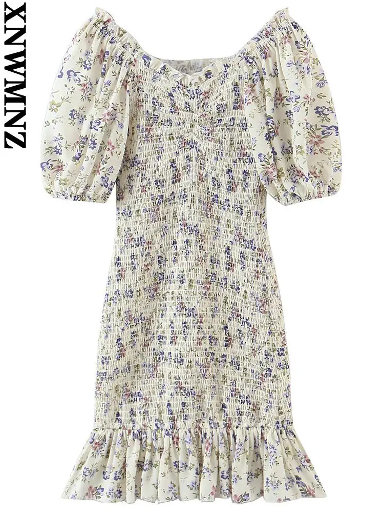 

XNWMNZ облегающее платье для женщин летние французские Цветочные смоченные эластичные гофрированные платья миди с открытыми плечами пышными ...