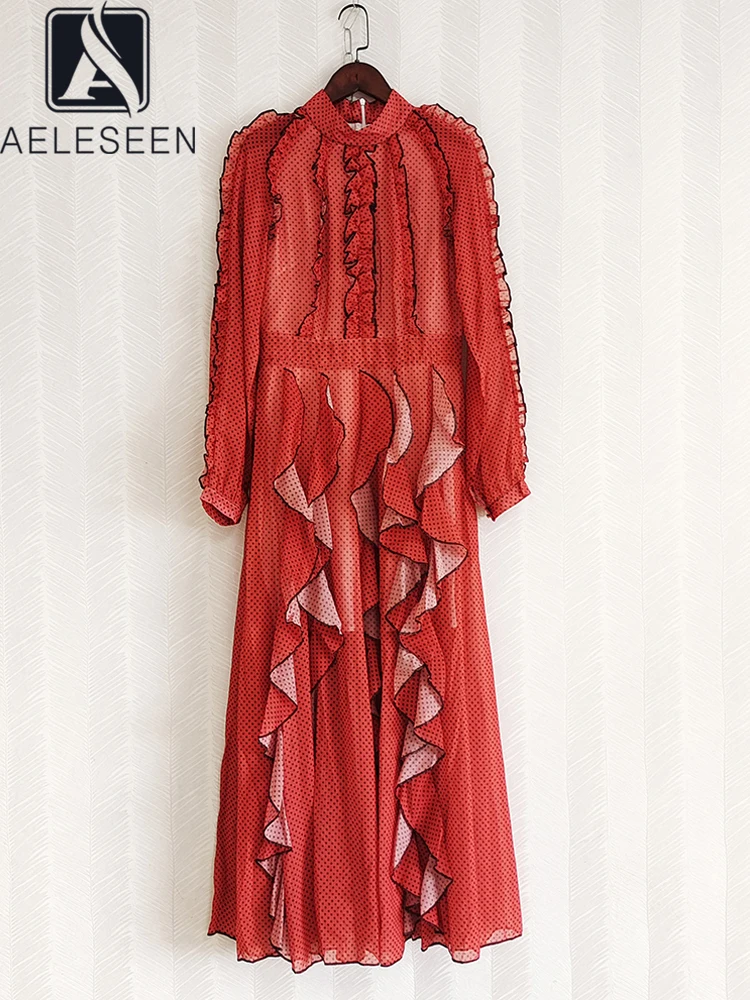 

Женское винтажное длинное платье AELESEEN, элегантное платье в красный горошек с рукавами-фонариками и оборками, вечерние для отпуска