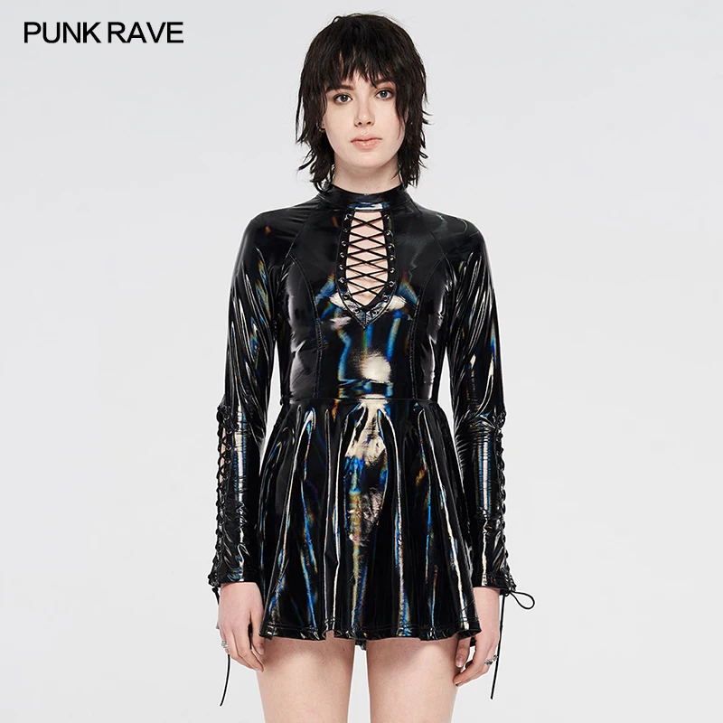 PUNK RAVE Gothic A-Line Sexy Slim Club Women Dress Clothing  Women's Punk Rock Hollow Design Pu Leather Black Short Dress