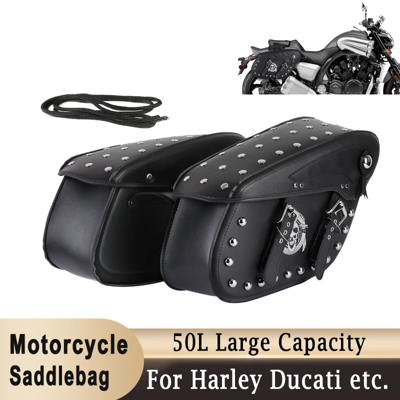 

Motorcycle Saddlebags Rivets Style Tool Bags PU Leather 50L Large Capacity Waterproof For Harley Ducati Cruiser Bobber Chopper