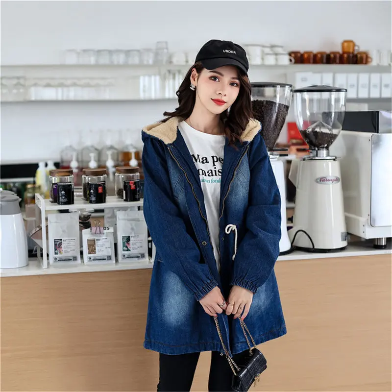 Fleece Thickened Hooded Denim Padded Parkas Coat Women's Winter Korean Fashion Loose Mid Length Drawstring Waist Denim  Jacket
