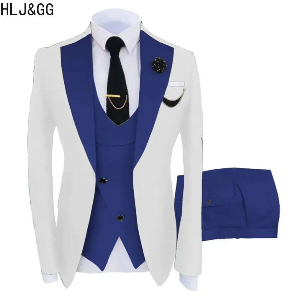 

HLJ&GG Man's Slim Fit Formal Business Jacket 3 Piece Suits White Tuxedos For Wedding Groom Rugular Blazer+Pants+Vest 2023 New