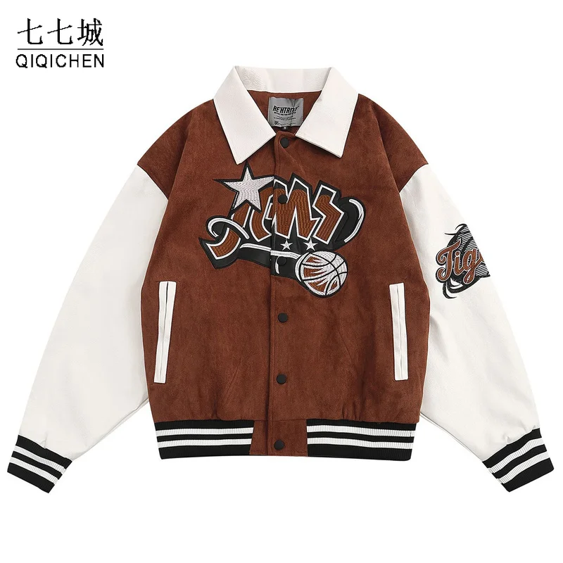

Mens Autumn Baseball Jacket Men Retro Basketball Embroidery Flocking Loose Varsity Jackets Women Harajuku Patchwork Bomber Coats