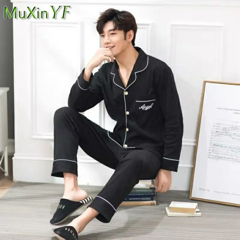 2022 Autumn New Long-sleeved Trousers Pajamas Two-piece Men's Casual Cardigan Pijamas Korean Loose Sleepwear Homewear Suit