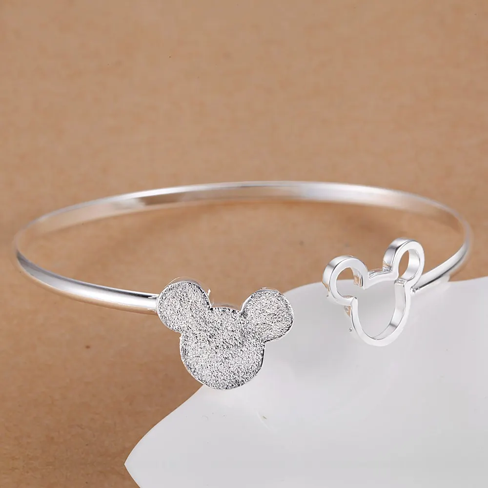 

Special offer 925 Stamped Silver color fine Frosted Mickey bangle Bracelets for Women Fashion Party wedding Gifts Jewelry