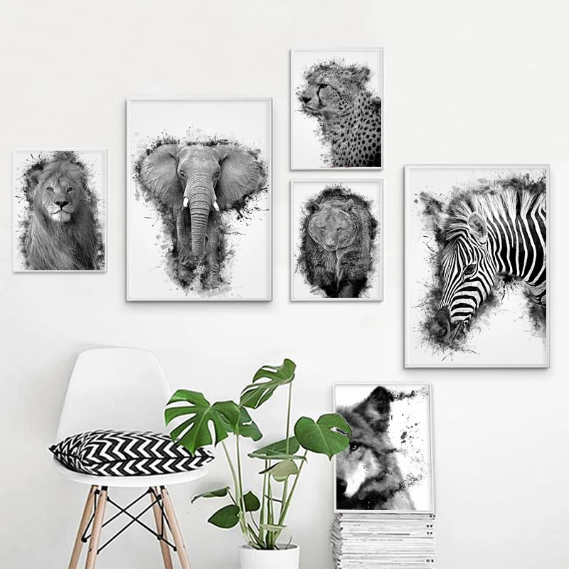 

Художественная Картина на холсте, мультфильм, акварель, животные, плакат, слон, лев, гепард, украшение для детской комнаты, настенное искусст...