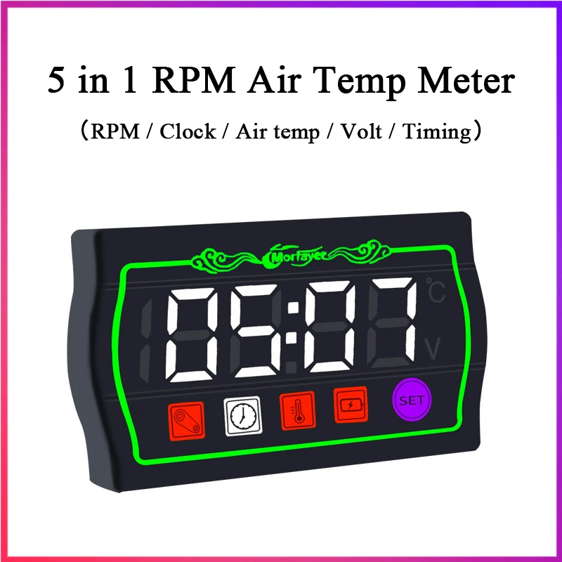 

Motorcycle Thermometer LED Digital Display 9-24V Electronic 5 In 1 Air Temperature Meter Voltmeter RPM Gauge Low Voltage Alarm