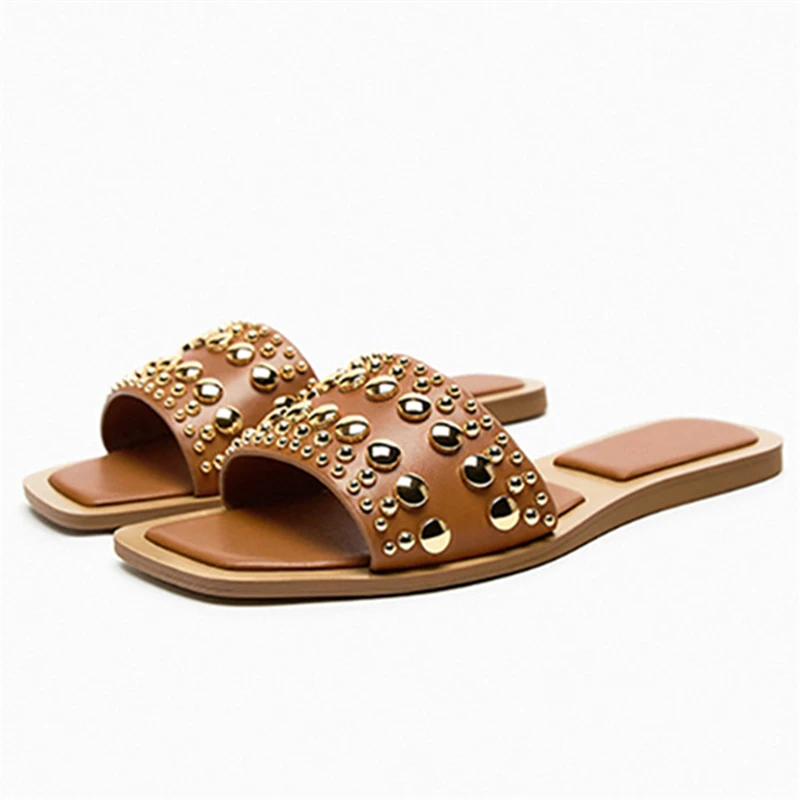 

Slippers for Woman Square Toe Flats Women's Sandals Summer 2023 Casual Beach Slides Ladies Gladiator Shoes Rivets Studded Mules