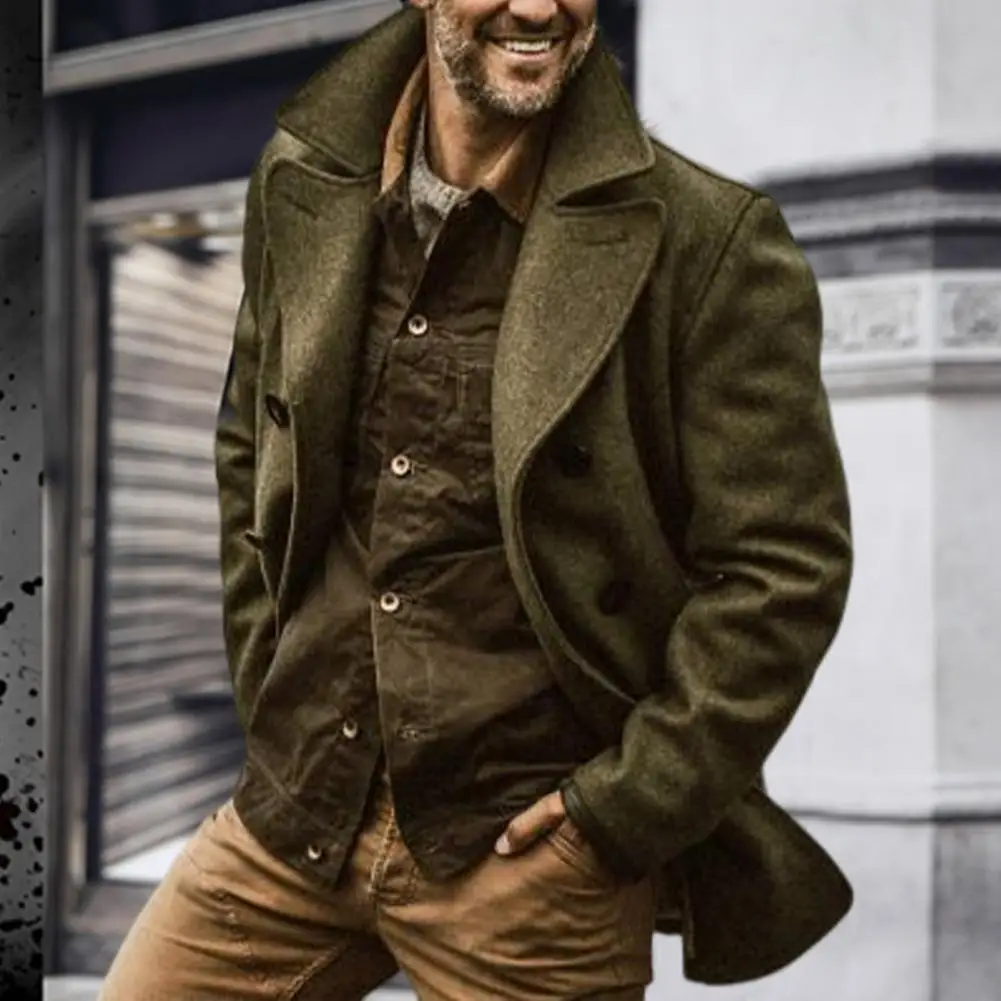 

Fashion Solid Color Wool Jackets for Men Vintage Turndown Collar Double Breasted Overcoat Casual Men Long Trench Coats chaquetas