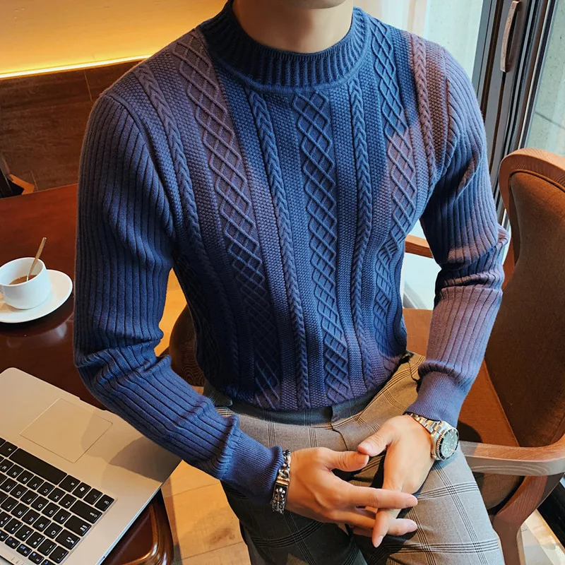 Men Pullover Sweater Fashion Casual Striped Solid Color Sweater Men Half-high Collar Stretch Tight Sweater Slim Knit Tops 3XL