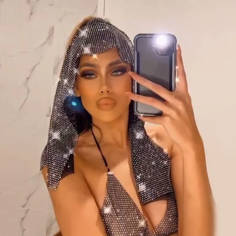 

Женский яркий блестящий шарф для фестиваля, головной платок Turbans, эластичная сетчатая хиджаб-Кепка, блестящие шапки с кристаллами, сетчатая повязка на голову