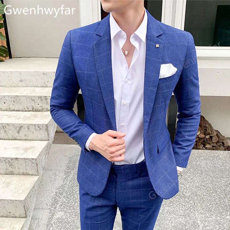 

Gwenhwyfar Fall 2022 Elegant Men's Blue Plaid Suit Notched Lapel Single Breasted 2 Piece Groom Prom Wedding Tuxedos Top Quality
