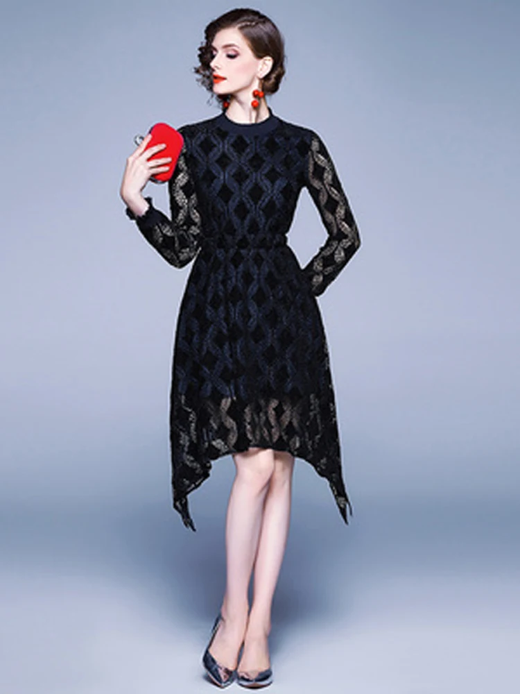 

2022 Autumn Women's Dress Long Sleeve Fashion Round Neck Mid Waist Comfortable Elegant Slim Fit Lace Dress B180