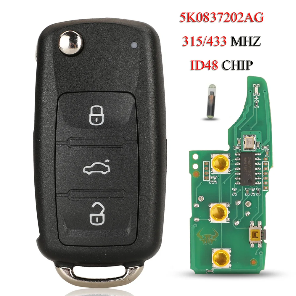 

Jingyuqin 5K0837202 AG/AF/B/BK/C/DT/S/K дистанционный ключ для автомобиля VW Scirocco Beetle Golf Jetta Polo Tiguan Passat 315/433 МГц ID48 чип