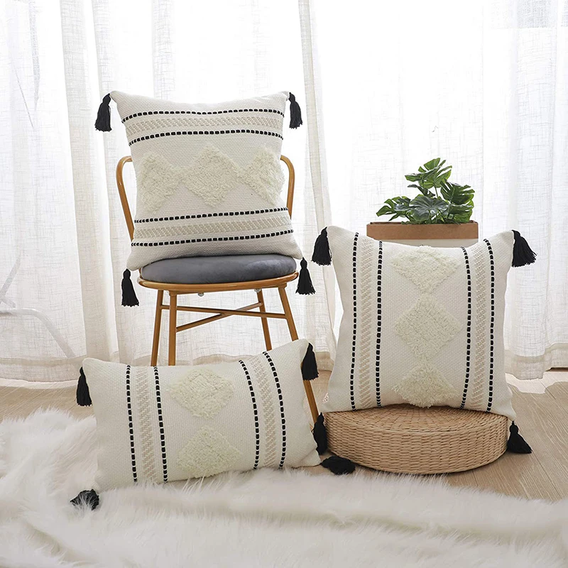 

Tufted Cushion Cover 45x45/30x50cm/50x50cm White Black Pillow Cover Woven Tassels for Home Bedroom Living Room Decoration
