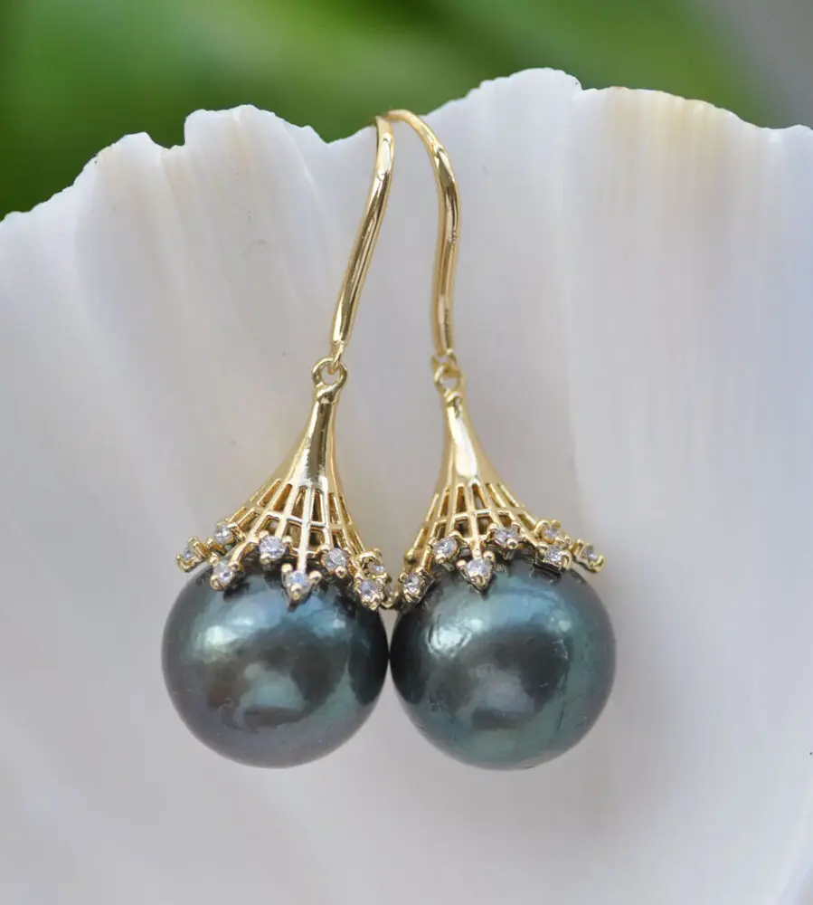 

Z10941 14 мм перламутровые висячие серьги Эдисона Keshi с павлиново-черным кубическим цирконием