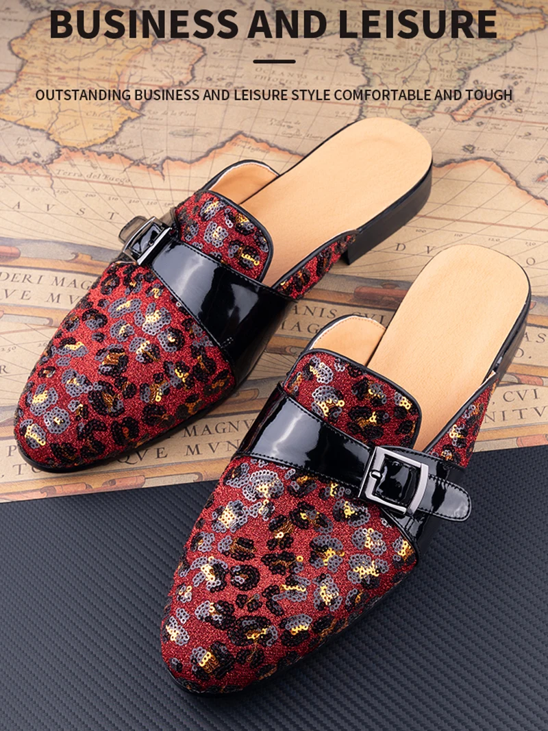 

Luxury Moccasins Men Slippers Casual Sequin Cloth Men Slipper Black Red Loafers Man Hide Toes Shoes Outdoor Slipper Male Shoes