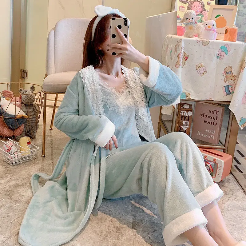 3 шт. Женские флисовые пижамные комплекты на осень и зиму | Женская одежда