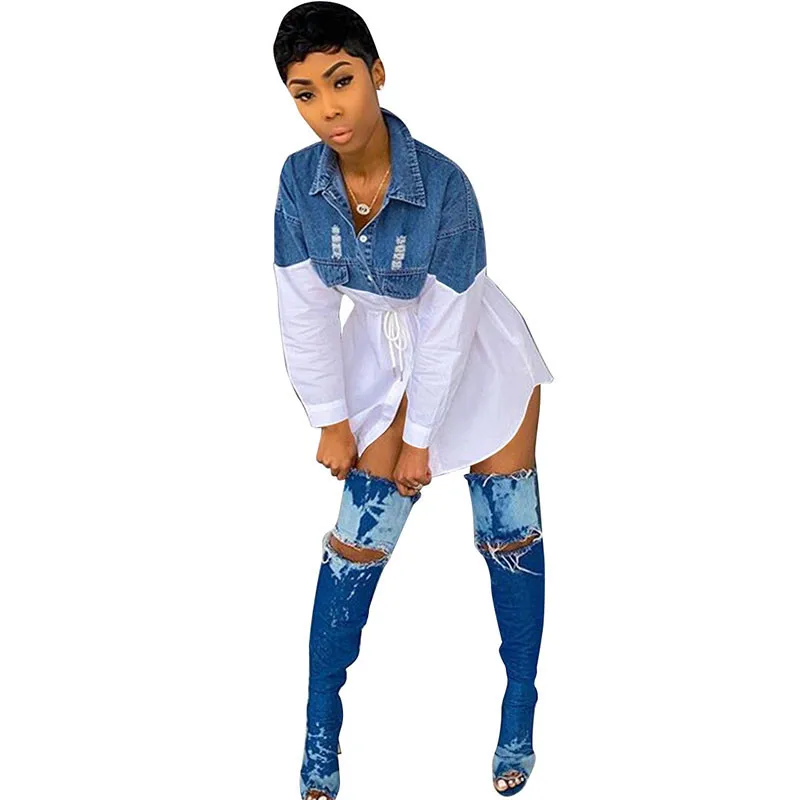 Женская джинсовая рубашка с длинным рукавом отложным воротником дырками