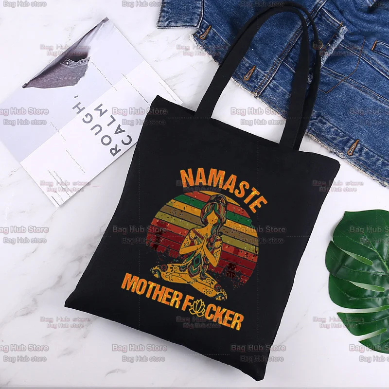 

Vintage Namaste Mother Art Shopping Black Bags Canvas Tote Bag Printed Cartoon Reusable Cloth Bag Handbag Shoulder Bags Custom