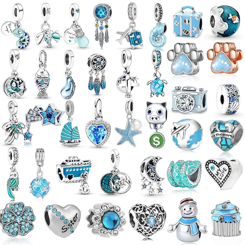 

Silver Color Blue Sea Series Fish Cartoon Fish Footprint Charms Dangle Fit Original&DIY Bracelet Necklace for Women Jewelry