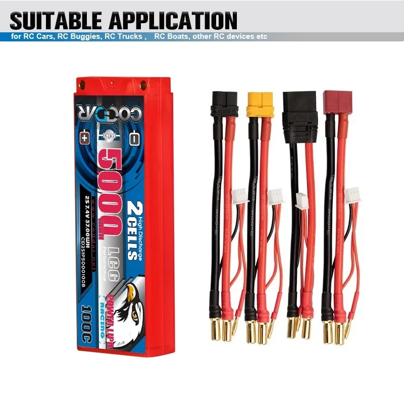 

Аккумулятор CODDAR Lipo 2S, 7,4 В, 5000 мА · ч, 1/10 C для радиоуправляемых машинок-багги, грузовиков с разъемом Deans T, XT60, EC5, XT90, TRX, батарея 5000 мА · ч
