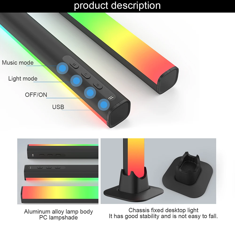 RGB Desktop Ambient Lights for Computer Games and TV Stand Music Pickup Rhythm Table Lamp Bar Tuya Bluetooth APP Control