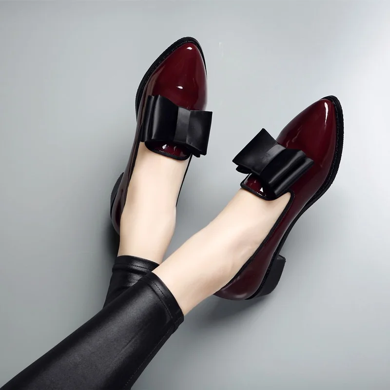 BKQU Spring Autumn Women Shoes Bowtie Loafers Patent Leather Women's Low Heels Slip On Footwear Female Pointed Toe Thick Heel