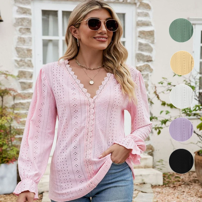 Элегантные свободные топы с v-образным вырезом однотонная кружевная женская