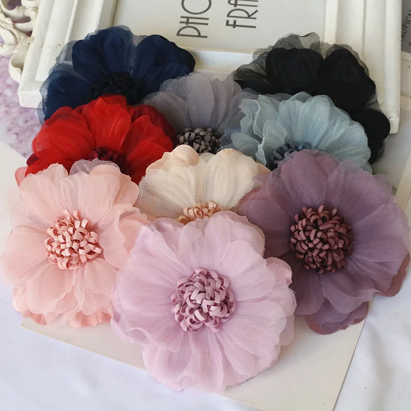 

10PCS/Lot 9CM Handmade Chiffon Fabric Artificial Flower For Wedding Dress Clothing Hats Headdress Decoration DIY