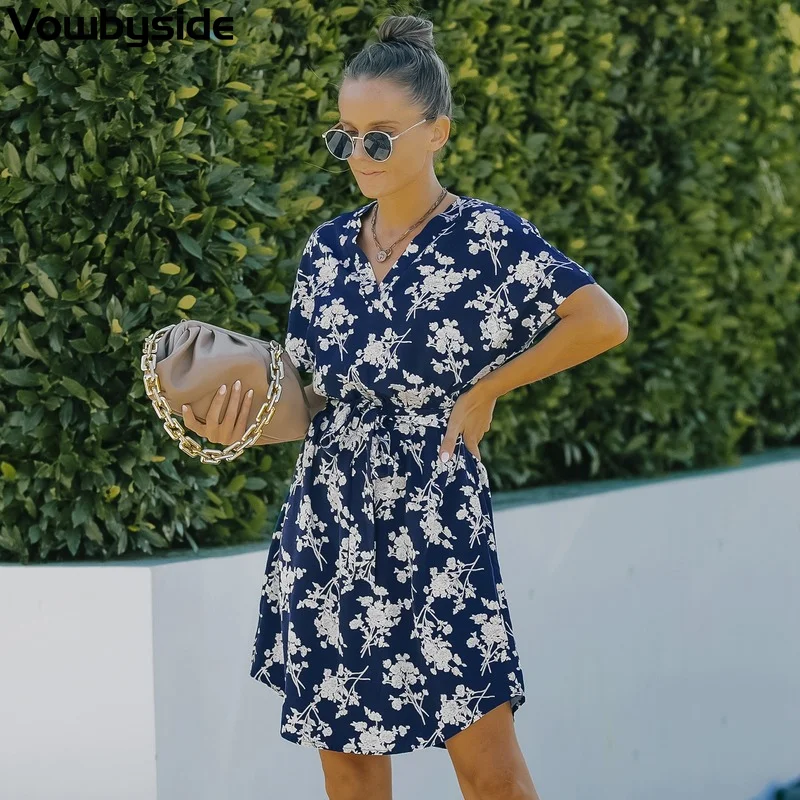

2022 Summer Women's Floral Dress Short Sleeve V-Neck Lace-Up Dress