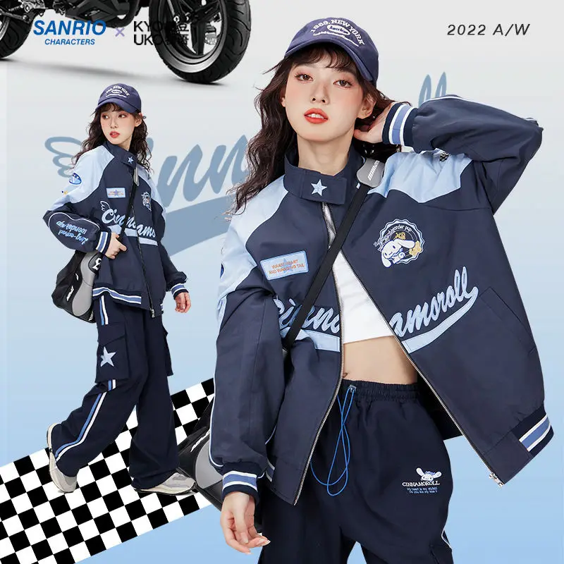 

Kawaii Sanrio Cinnamoroll Girls Personality Coat Versatile Loose Locomotive Rush Suit Jacket Trousers Clothing Casual Coat