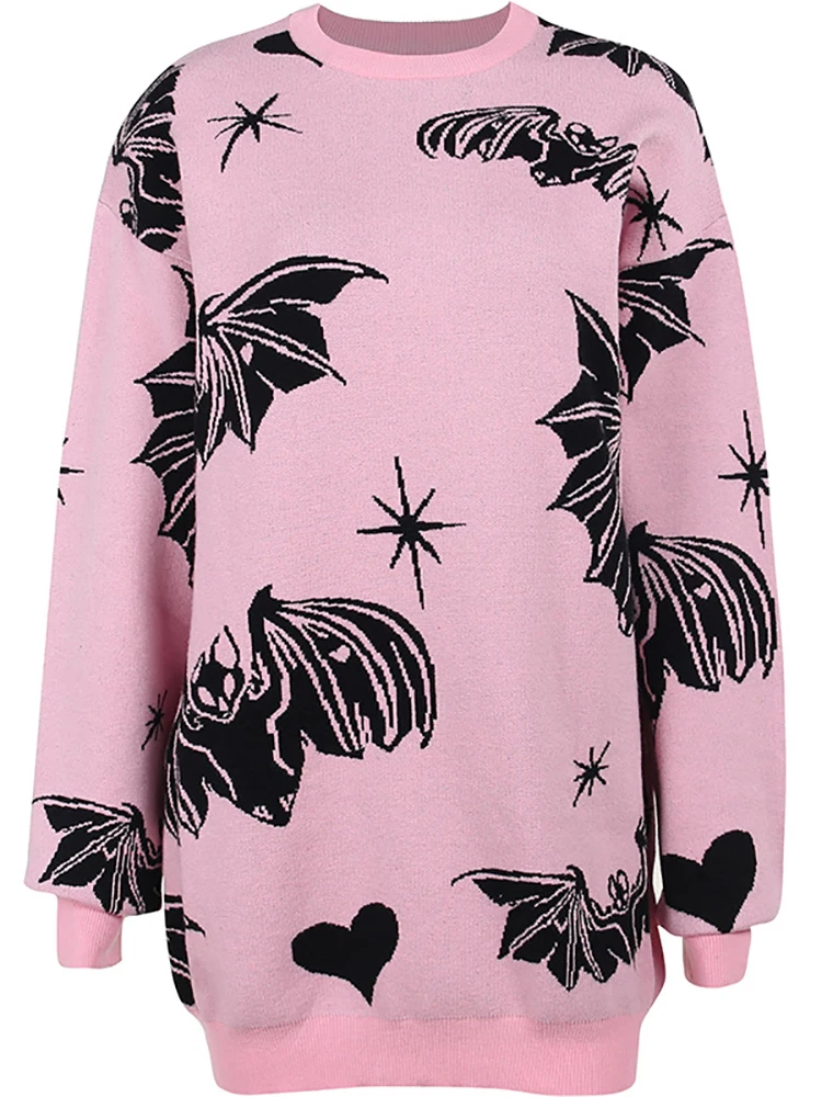 

Женские винтажные свитера в готическом стиле, Длинные вязаные пуловеры с графическим принтом летучая мышь, гранж-панк в стиле эмо розового цвета, верхняя одежда