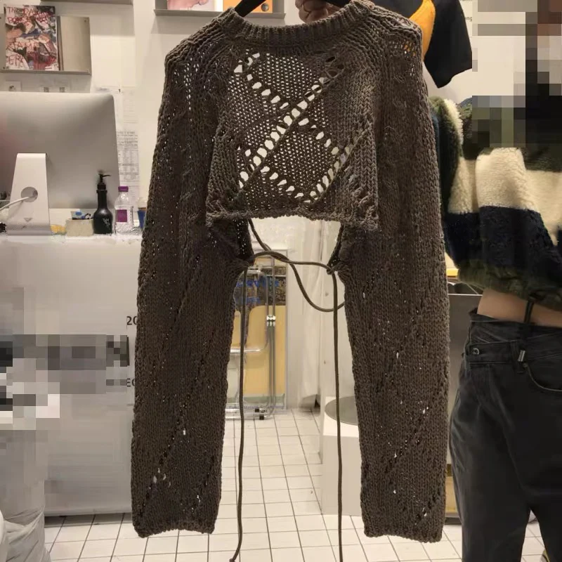

Solid Hollow Bandage Knit Cropped Y2k Sweater 2022 New O Neck Long Sleeve Loose Pullover Korean Chic Design Tops Outfit Korean