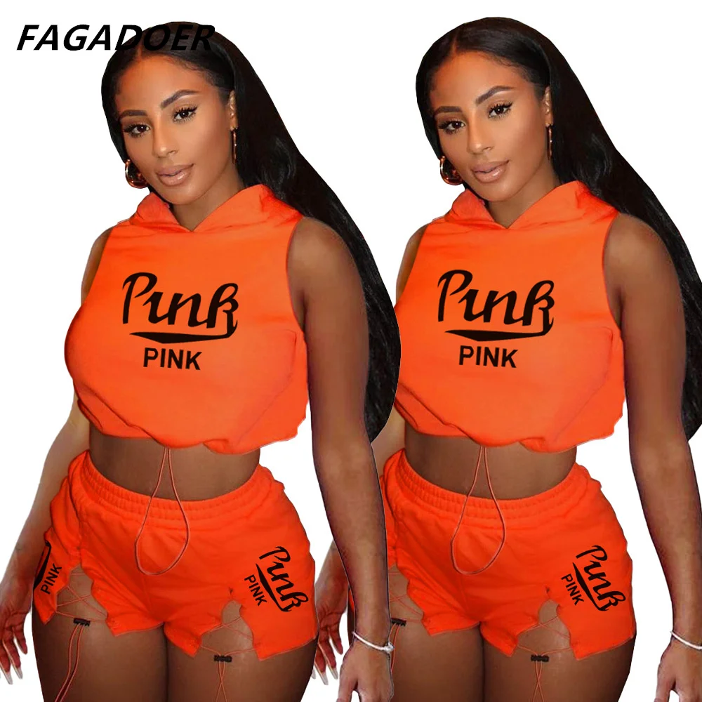 

FAGADOER Summer Casual PINK Letter Print 2pcs Women Short Sleeve Crop Top And Skinny Shirring Pants Tracksuits Famale Outfits